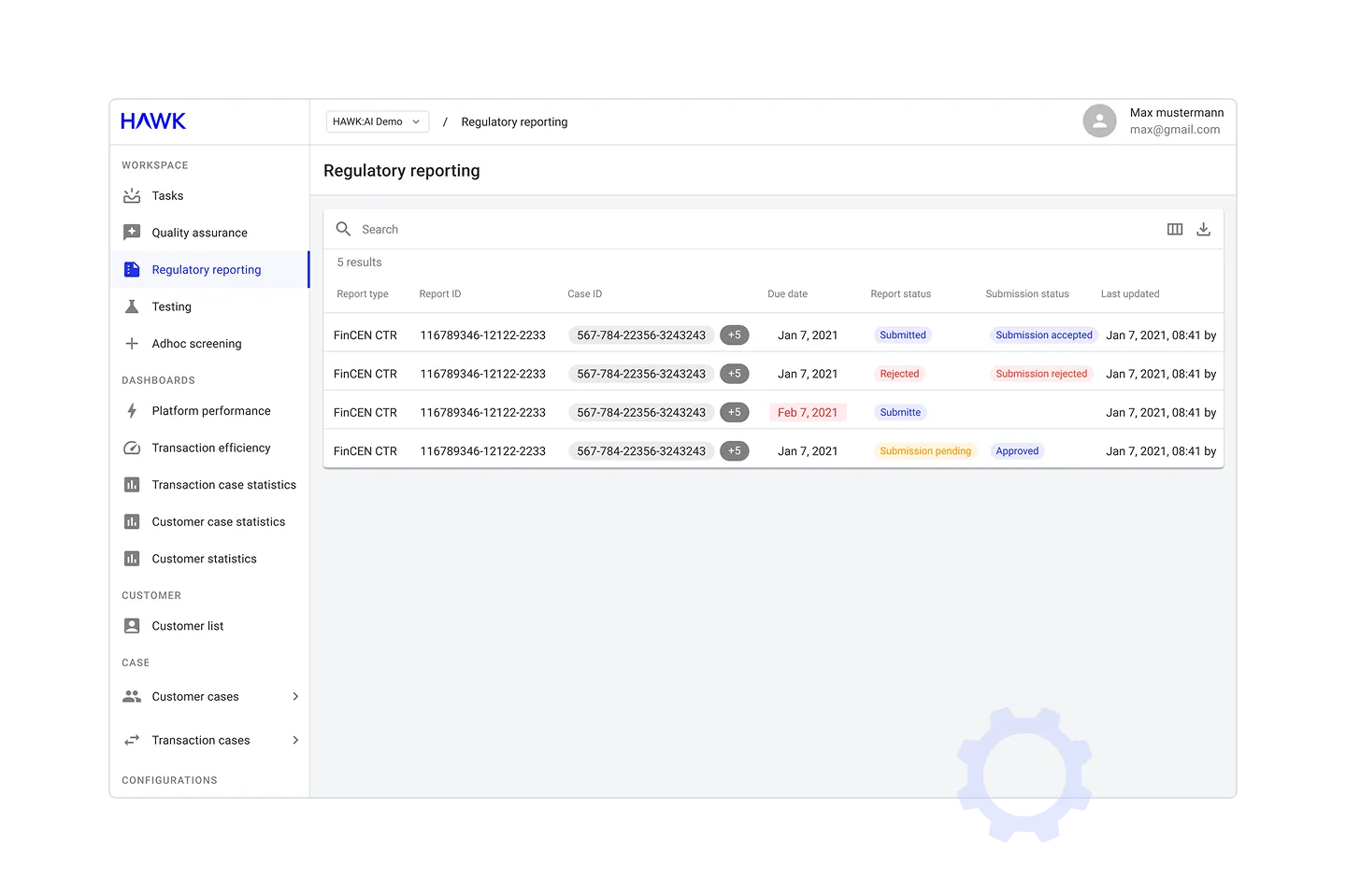 Regulatory Reporting View in the Hawk Platform
