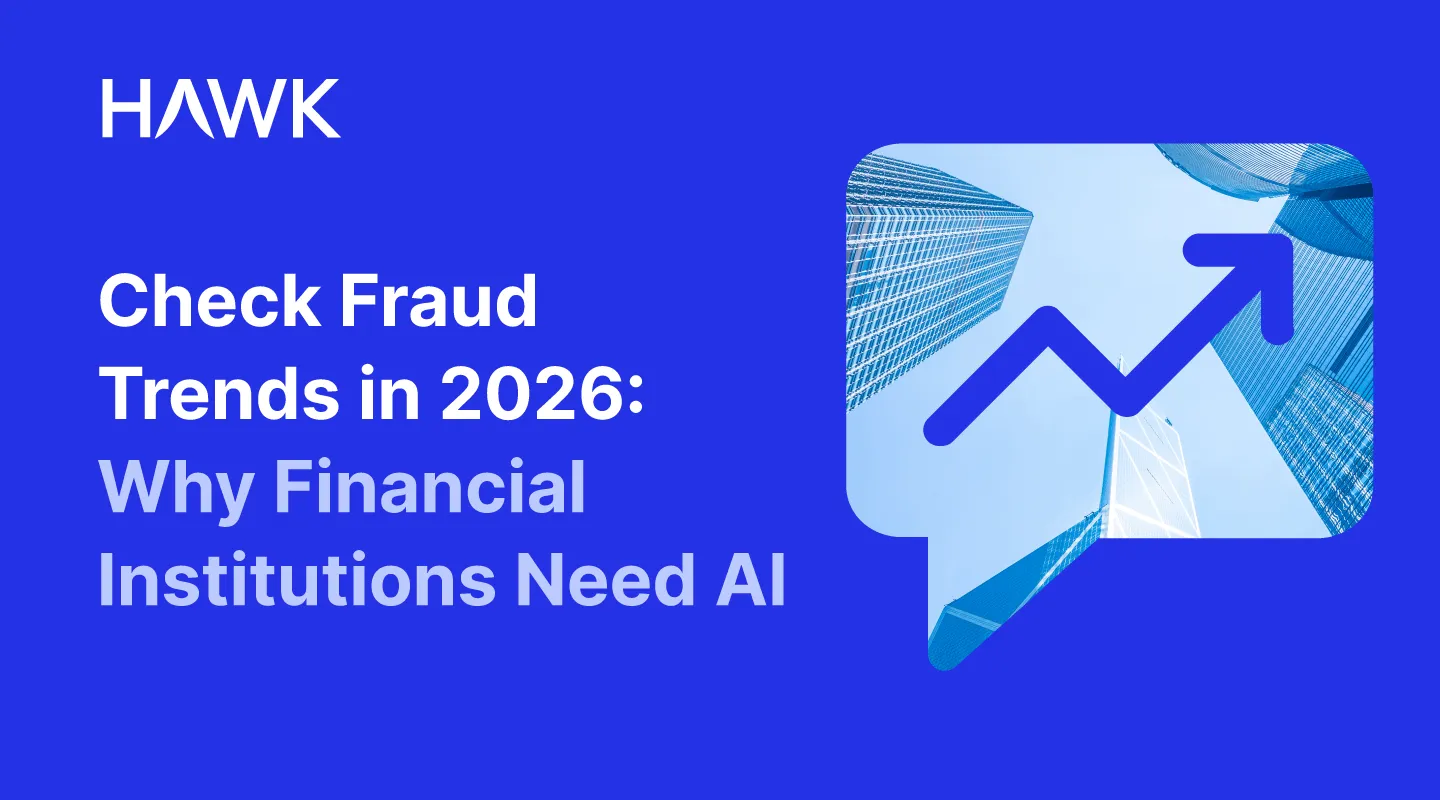 Graphic with the headline text: “Check Fraud Trends in 2026: Why Financial Institutions Need AI.” Below the text is a stylized speech box icon. Inside the shape is a modern glass skyscraper.