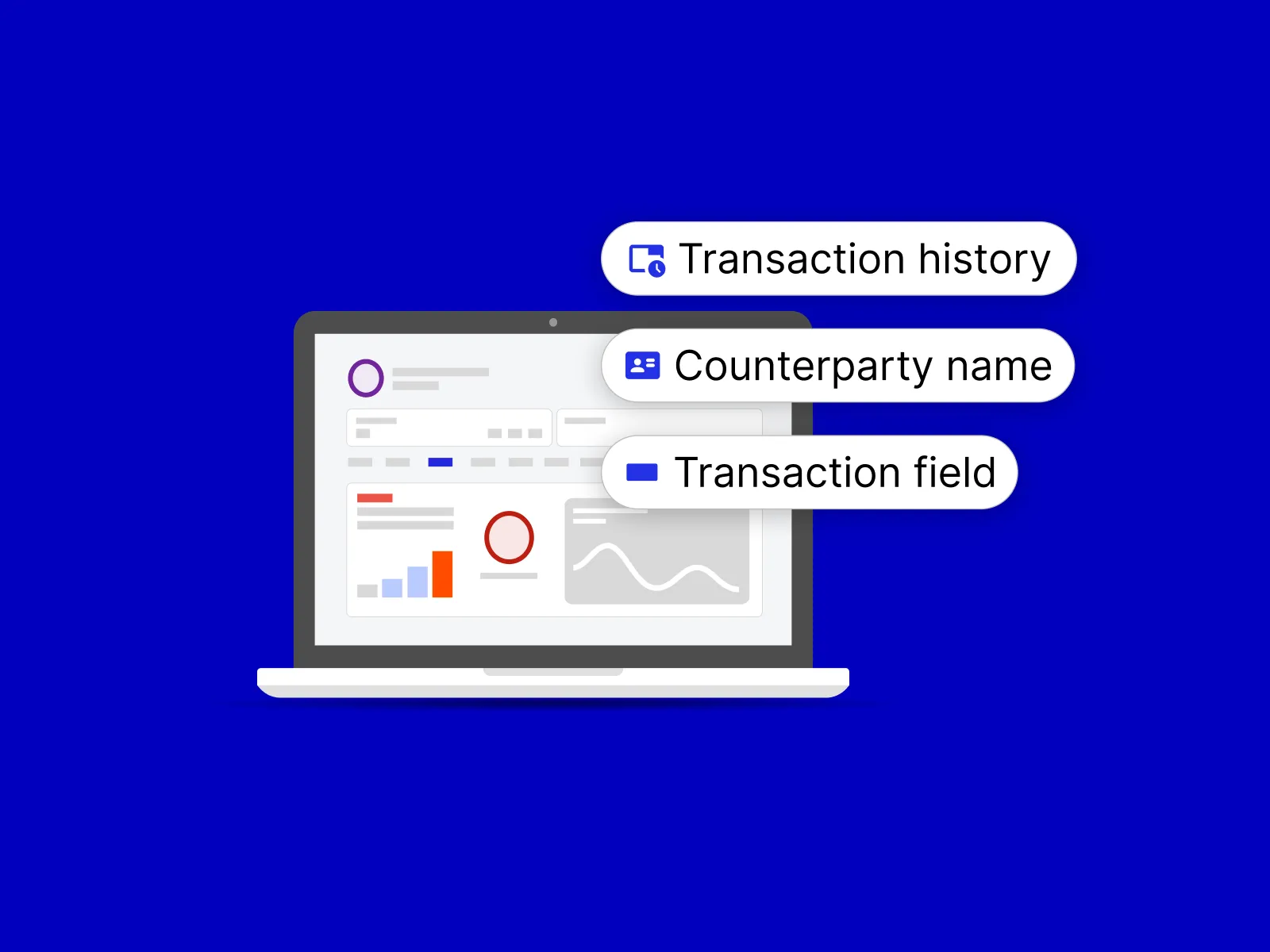 Transaction history, counter party name & transaction field pop out from a screen